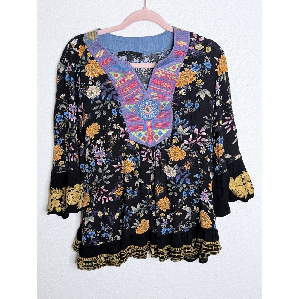 Caleooa Boho Embroidered Top L‎ Floral Ruffled Flowy Peasant